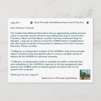 Save Off Leash Dog Walking Senator Feinstein Postcard