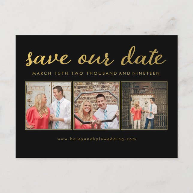 Save our Date Black Gold Typography Photo Postcard (Front)