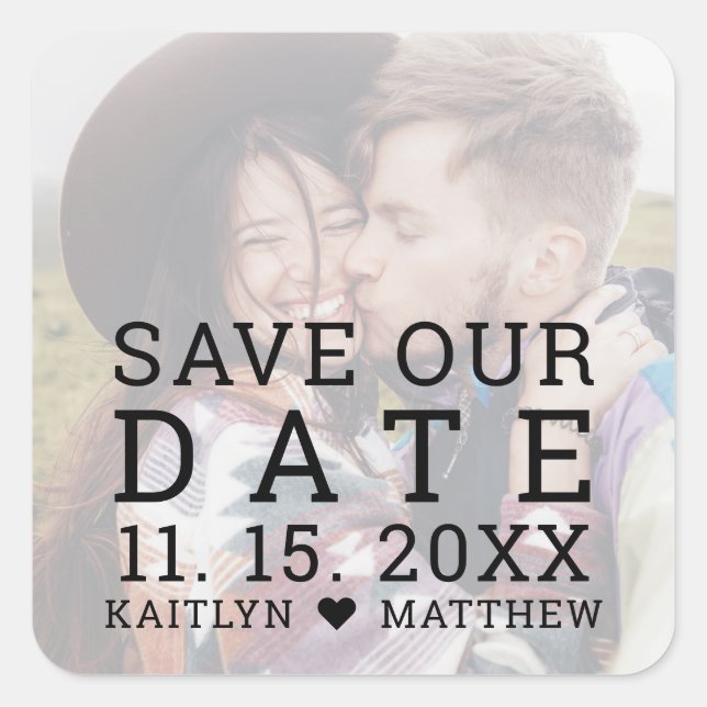 Save Our Date Faded Photo Modern Monogram Square Sticker (Front)