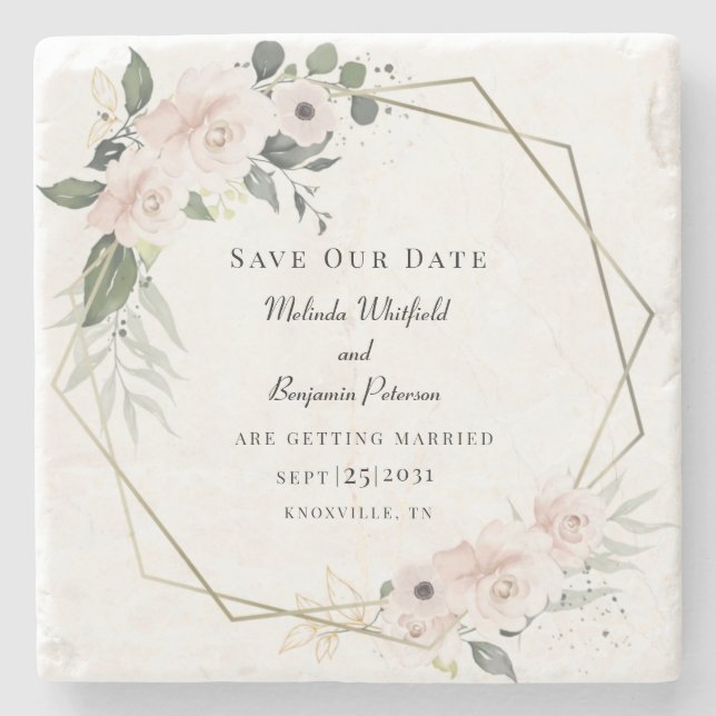 Save Our Date Floral Rustic Script Custom Stone Coaster (Front)