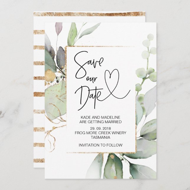 Save Our Date Gold Eucalyptus Wedding Engagement Invitation (Front/Back)
