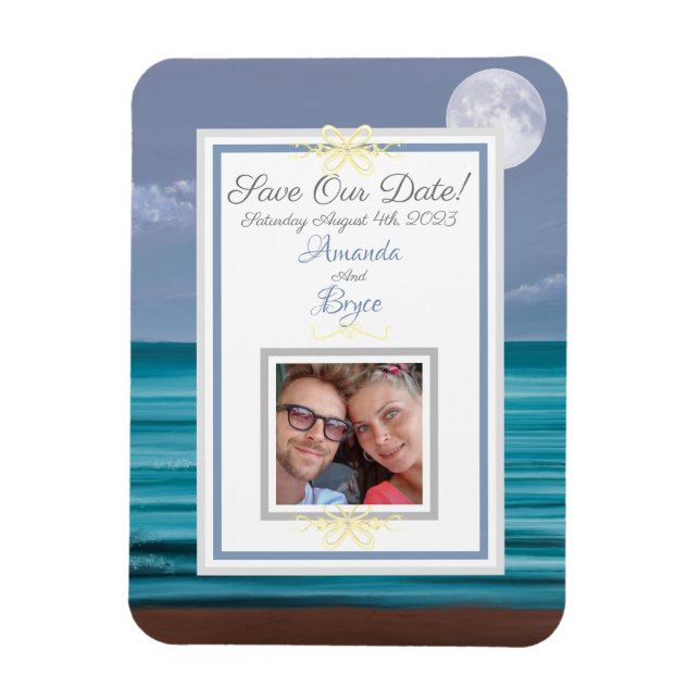 Save our date moonlit teal sea beach wedding magnet (Vertical)