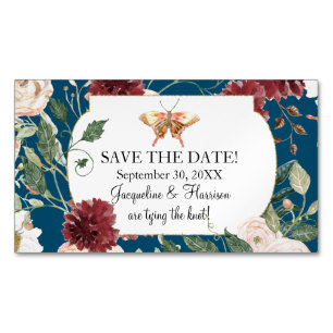 Save Our Date Peacock Blue Butterfly Garden Floral Magnetic Business Card