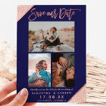 Save our date rose gold navy photo grid collage announcement postcard<br><div class="desc">Save our date typography 3 photo grid collage with modern rose gold glitter stripes geometric with navy blue.</div>