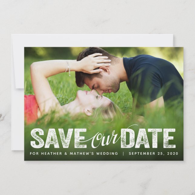 Save Our Date Wedding Distressed Script Photocard Invitation (Front)