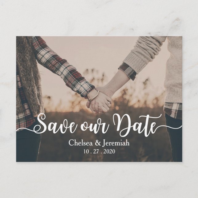 Save Our Date White Script Postcard (Front)