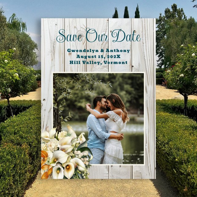Save Our Date Wood Calla Lilies Photo Announcement (Creator Uploaded)