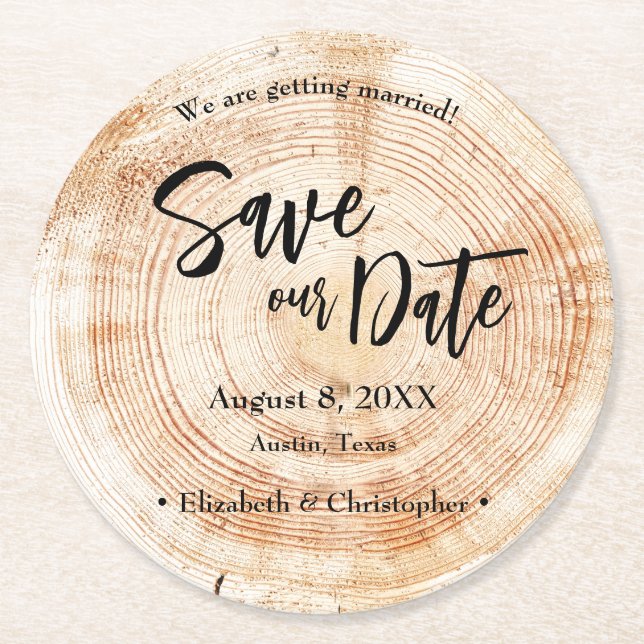Save our date Wood grain Wedding Rustic  Round Paper Coaster (Front)