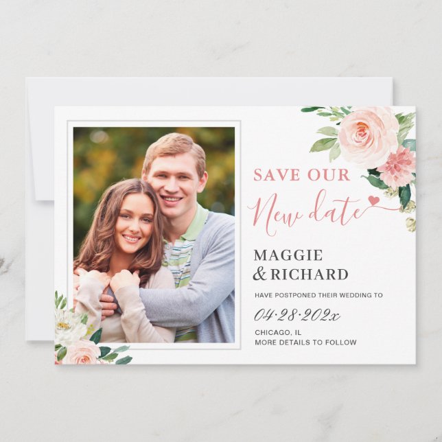 Save Our New Date Elegant Blush Pink Floral Photo Save The Date (Front)