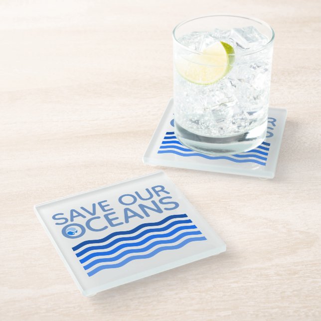 Save Our Oceans Blue Stylised Earth Waves Glass Coaster (Angled)