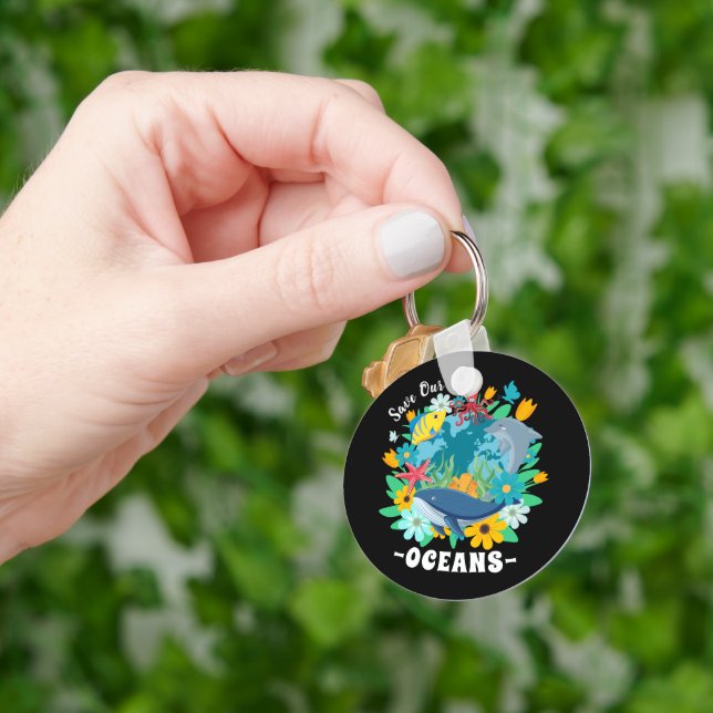 Save our oceans Flower Whale Colourful Design Eart Key Ring (Hand)