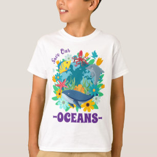 Save our oceans Flower Whale Colourful Design Eart T-Shirt