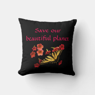 Save Our Planet Butterfly Flowers Red Black Pillow