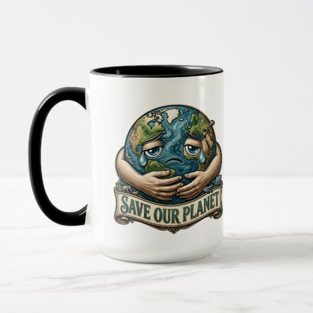 Save Our Planet Crying Earth Eco Awareness  Mug (Left)