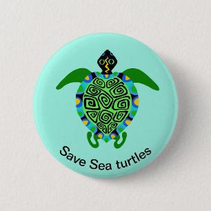 Save SEA TURTLES - Wildlife - Ocean Aqua  6 Cm Round Badge