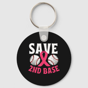 Save Second 2nd Base Funny Baseball Breast Cancer Key Ring