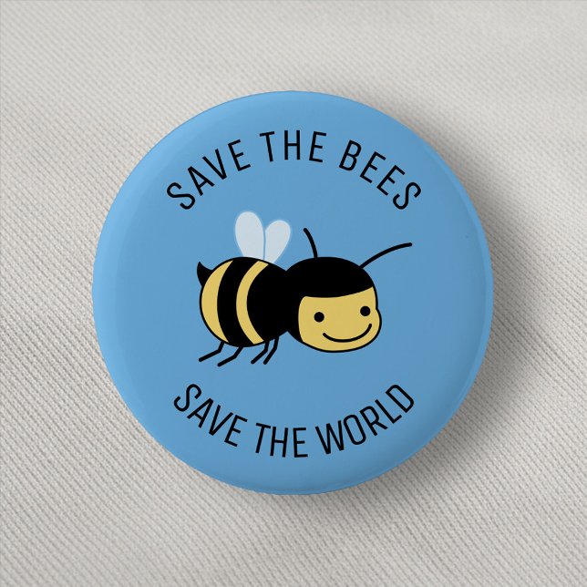 Save the Bees, Happy Little Bee on Blue 6 Cm Round Badge (Creator Uploaded)