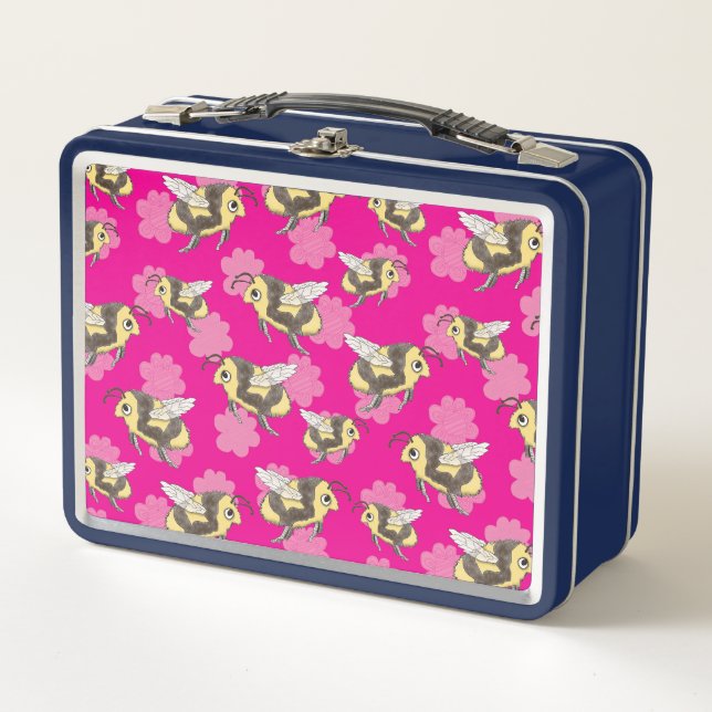 Save the bees mug on pink floral background metal lunch box (Front)