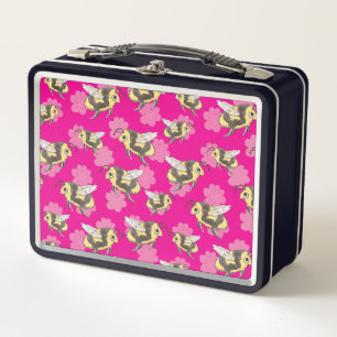 Save the bees mug on pink floral background metal lunch box