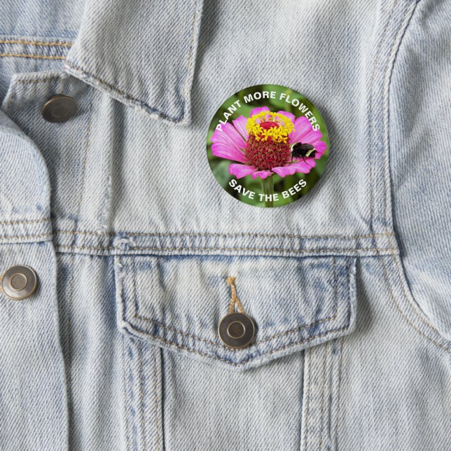 Save the Bees Pink Zinnia Flower 6 Cm Round Badge (In Situ)