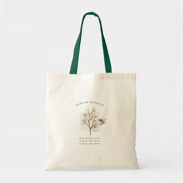 Save the Bees | Watercolor Greenery Monogram Tote Bag (Front)