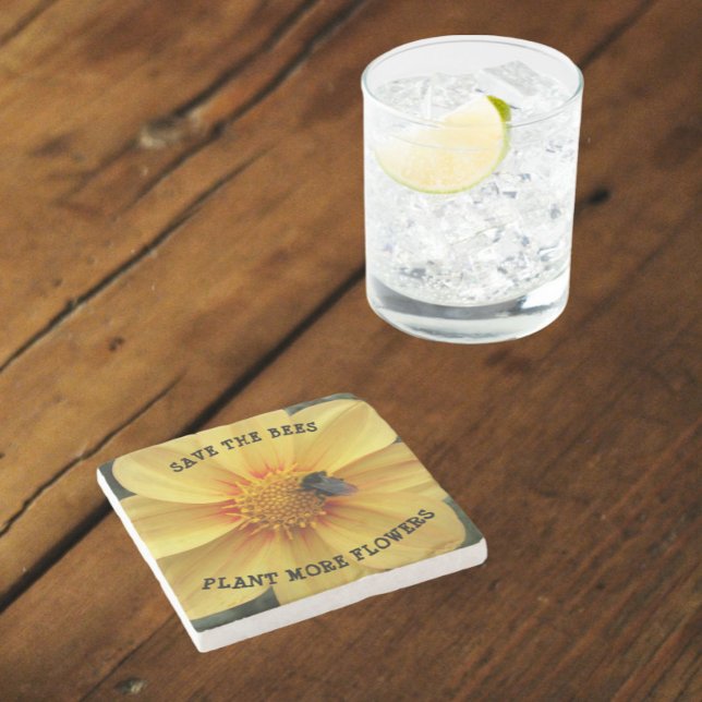 Save the Bees Yellow Dahlia Floral Stone Coaster (In Situ Table)