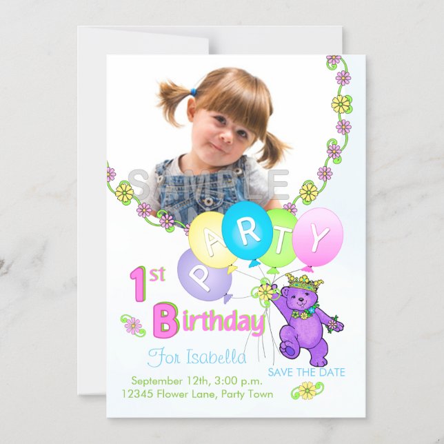 Save The Date 1st Birthday Party Purple Bear Magnetic Invitation (Front)