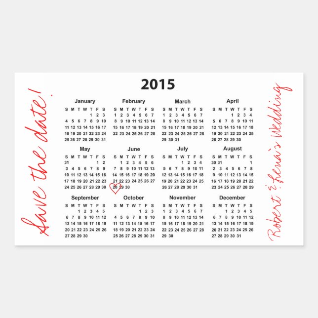 Save the Date 2015 Calendar Personalised Sticker (Front)