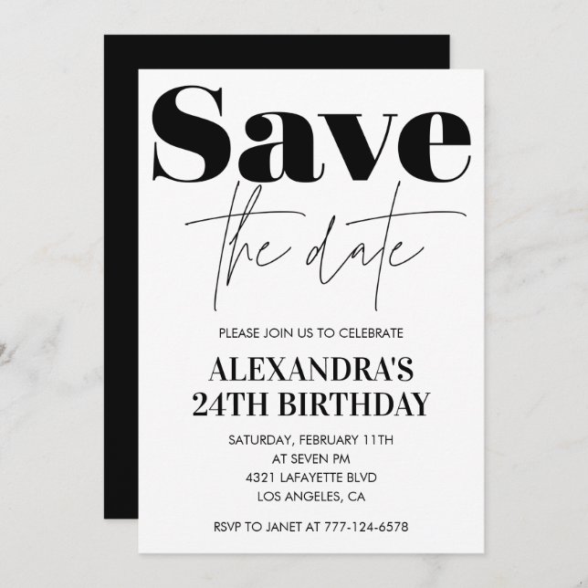 Save the date 24th birthday invitation Black White (Front/Back)