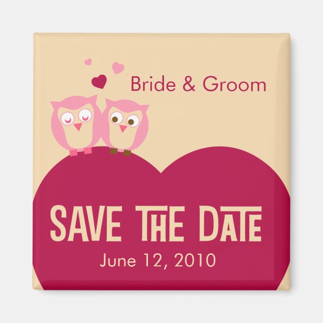 Save the Date 2 Owls on a Heart Magnet (Front)