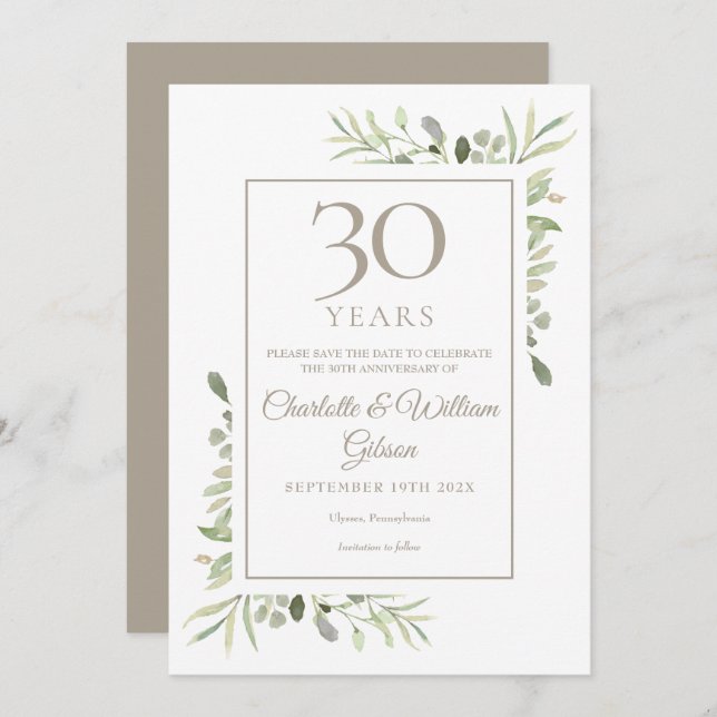 Save the Date 30th Wedding Anniversary Greenery Invitation (Front/Back)