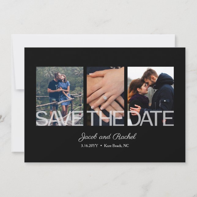 Save the Date 3-Photo Collage Black White Wedding (Front)