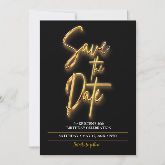 Save the Date 3d Text Minimalist in Black and Gold Invitation (Front)