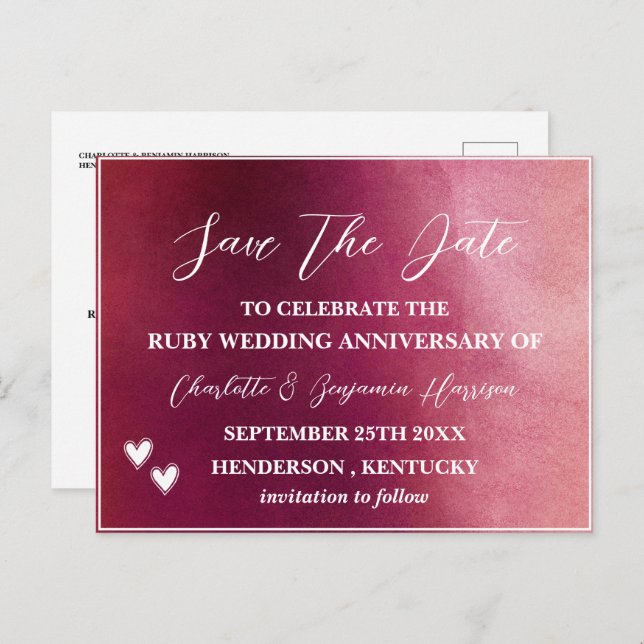 Save the Date 40th Ruby Wedding Anniversary  Postcard (Front/Back)