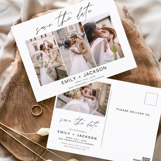Save the Date 4 Photo Elegant Editable Modern Postcard (Creator Uploaded)
