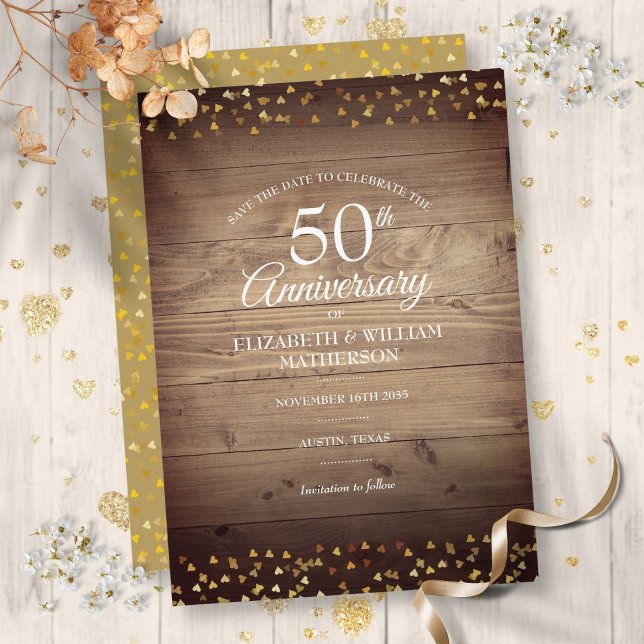 Save the Date 50th Anniversary Rustic Gold Hearts  Invitation (Save the Date 50th Anniversary Rustic Gold Hearts Invitation)