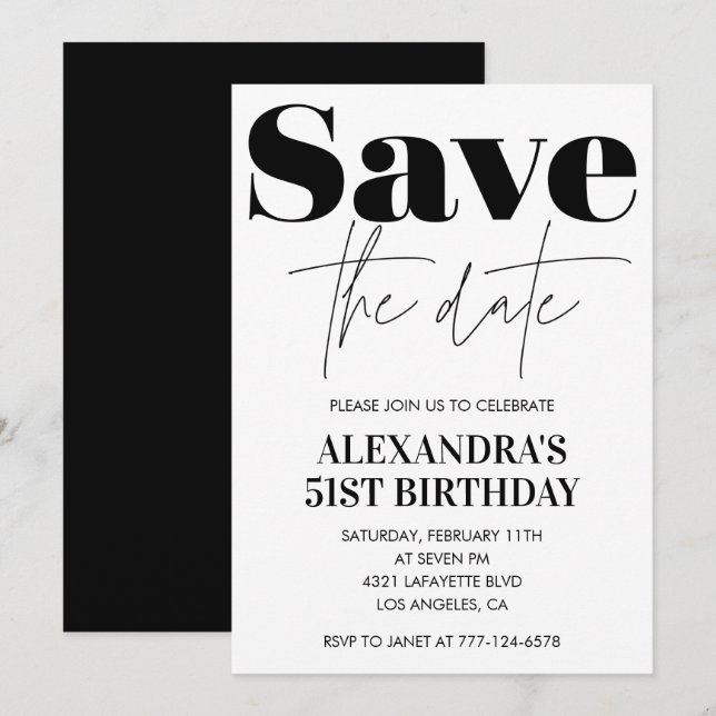 Save the date 51st birthday invitation Black White (Front/Back)