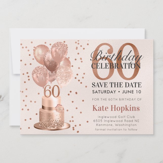 Save The Date 60th Birthday Rose Gold Cake (Front)