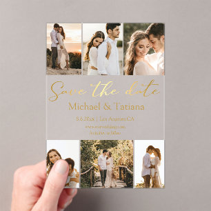 save the date 6 photos collage gold script wedding acrylic invitations