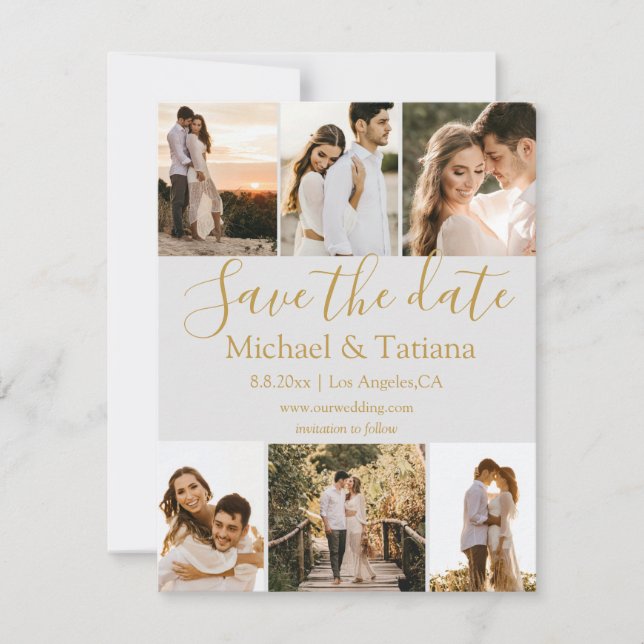save the date 6 photos collage wedding gold invitation (Front)