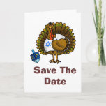 Save The Date 79811 Thanksgivukkah Greeting Card<br><div class="desc">Once in a lifetime comes Thanksgivukkah! That's because for the first time since 1888 Hanukkah and Thanksgiving are at the same time. So, the blending of the word "Thanksgiving Hanukkah" now is "Thanksgivukkah"! To celebrate this, I designed a fun Jewish Turkey who is playing with a dreidel and wears a...</div>