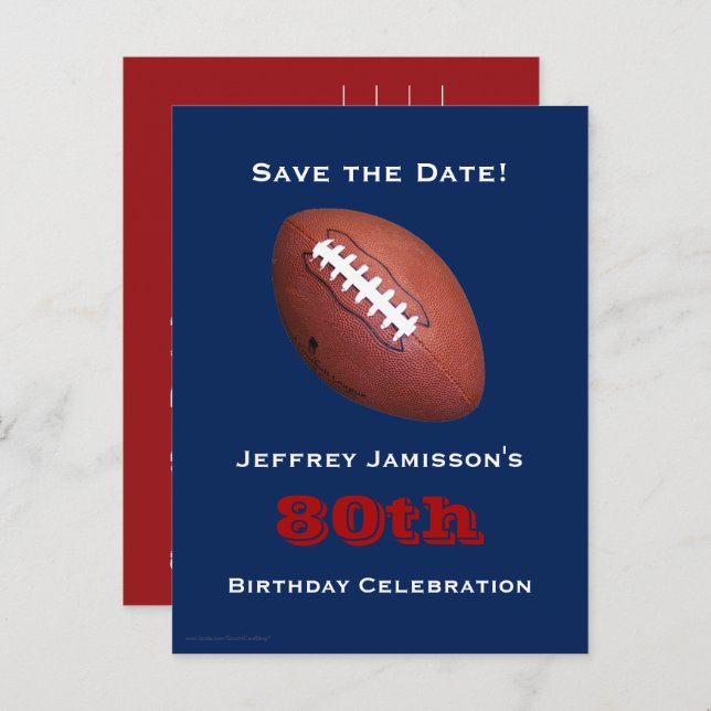 Save the Date 80th Birthday Football Blue Red Announcement Postcard (Front/Back)