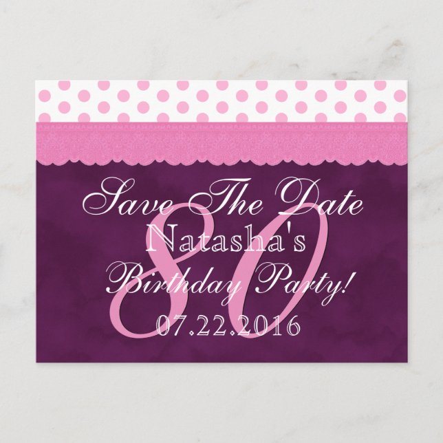Save the Date 80th Birthday Pink Purple Lace V6 Announcement Postcard (Front)
