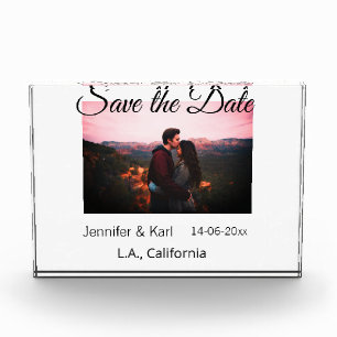 Save the date add couple name place date photo tex block