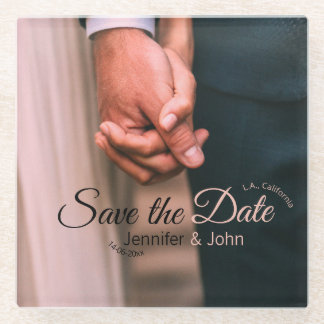 Save the date add couple name place date photo tex glass coaster
