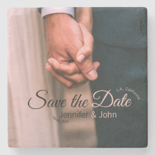 Save the date add couple name place date photo tex stone coaster