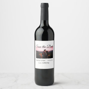 Save the date add couple name place date photo tex wine label