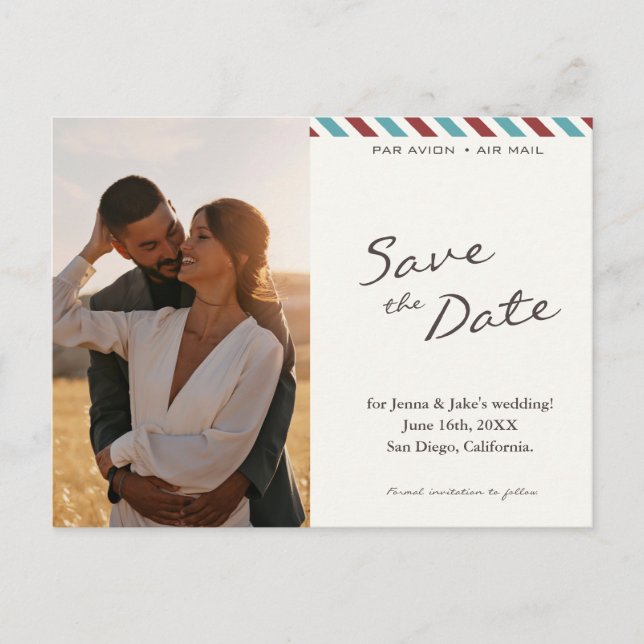 Save the Date Airmail Letter Announcement Postcard (Front)