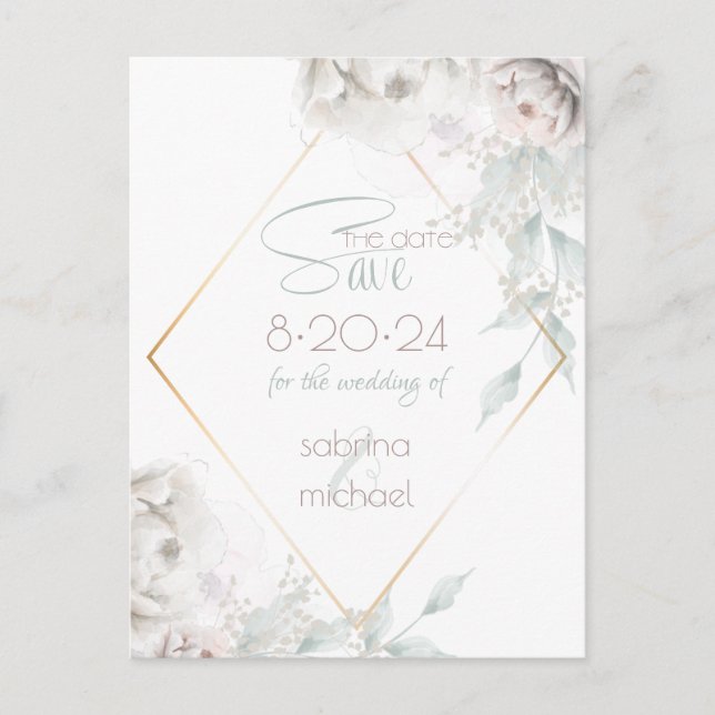 Save the Date | Alabaster White Watercolor Peonies Postcard (Front)