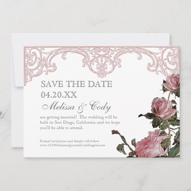 Save the Date Announcement - Trellis Rose Vintage (Front)